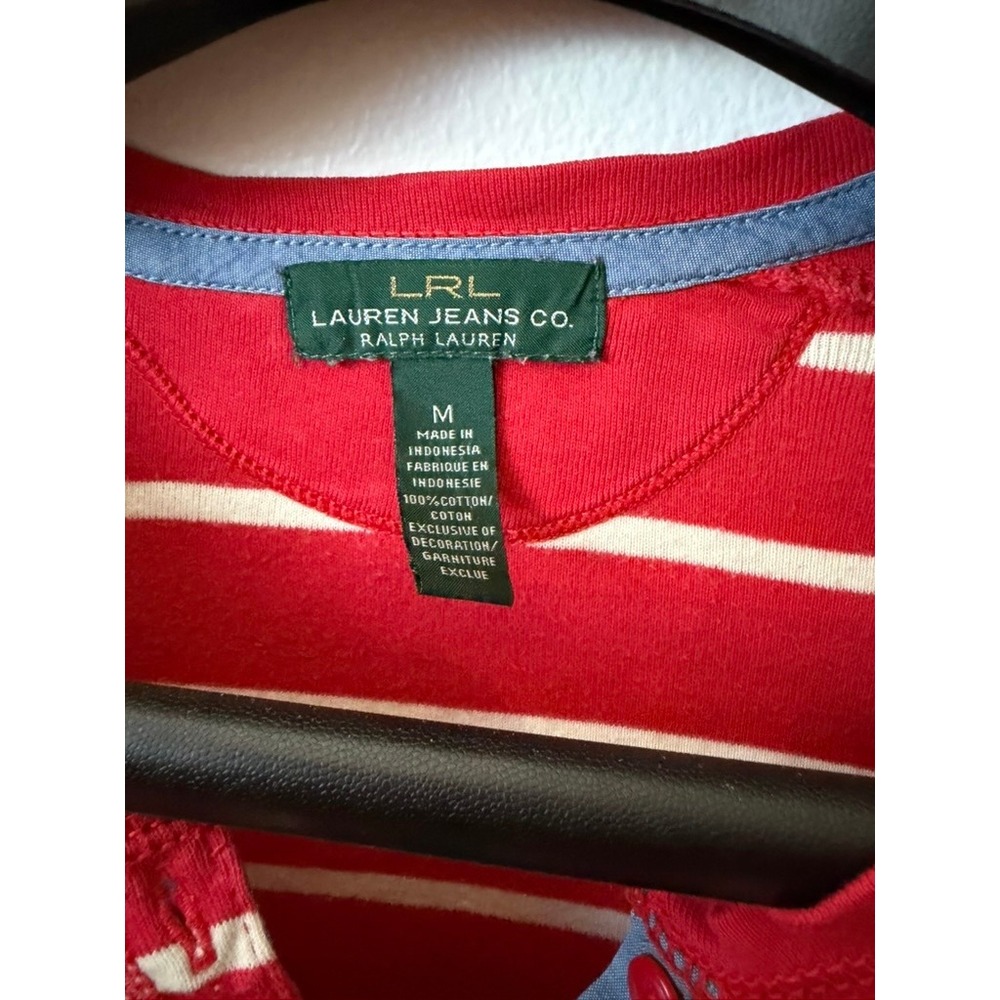 Lauren Jeans Co Ralph Lauren Henley Top Red White Striped 3/4 Sleeve Medium - Picture 4 of 5